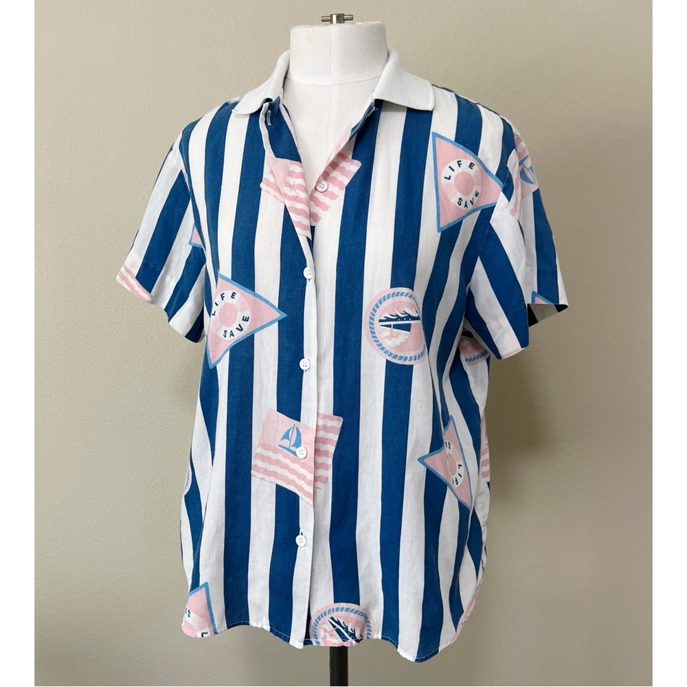 Vintage 90s Retro Russ Petites Size 8 Beach Striped Button Down Shirt Blouse